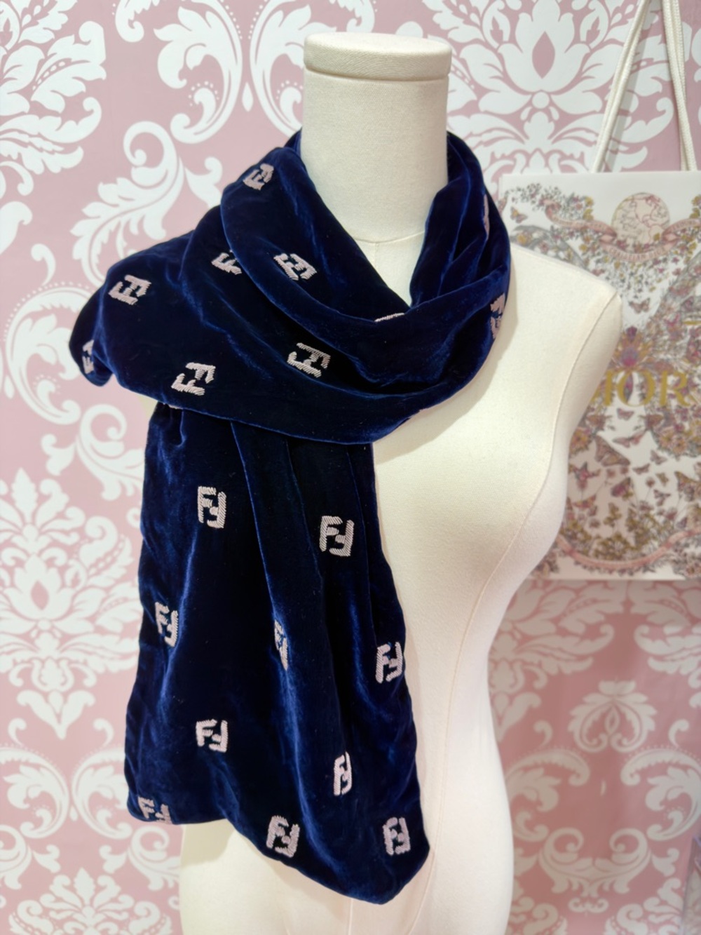 RARE Fendi Scarf Embroidered FF
Logo Velvet Silk Navy